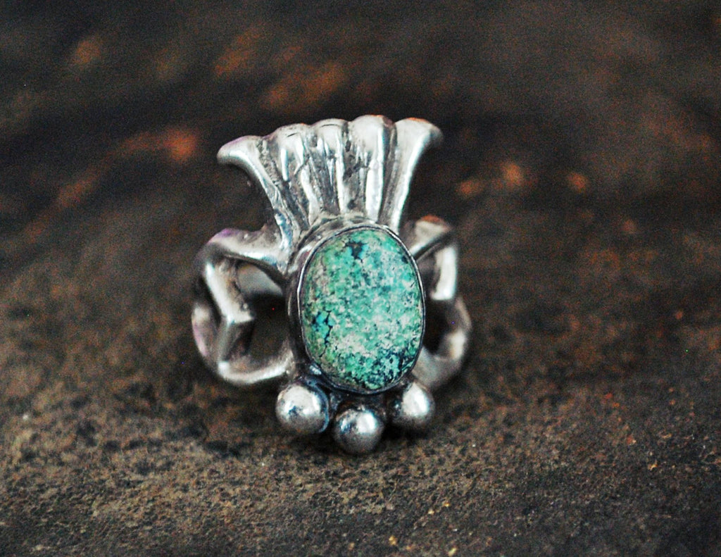 Navajo Native American Sandcast Ring with Turquoise - Size 6.5