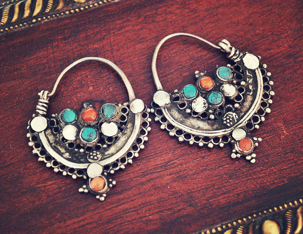 Antique Afghani Hoop Earrings with Turquoise and Coral - Tribal Hoop Earrings - Afghani Earrings - Ethnic Hoop Earrings - Afghani Jewelry