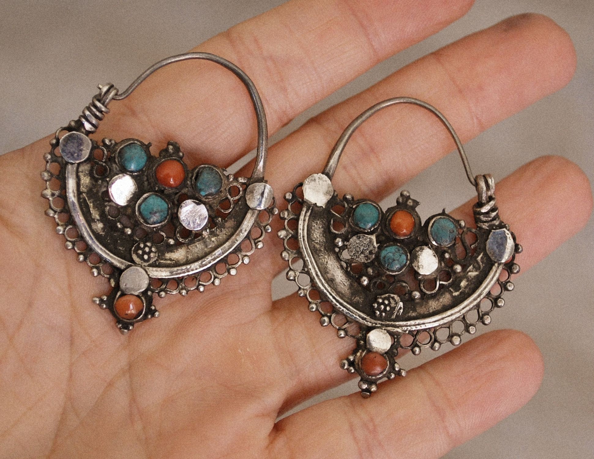 Antique Afghani Hoop Earrings with Turquoise and Coral - Tribal Hoop Earrings - Afghani Earrings - Ethnic Hoop Earrings - Afghani Jewelry