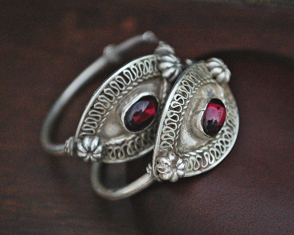 Ethnic Hoop Earrings with Garnet - MEDIUM